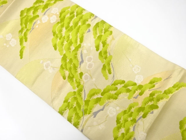 JAPANESE KIMONO / ANTIQUE FUKURO OBI / SILK / WOVEN DISTANT MOUNTAINS & UME & PINE